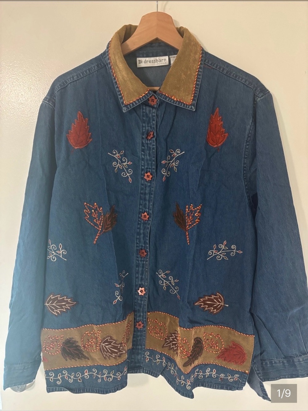 Blue Embroidered Denim shacket Jacket with Tan Collar